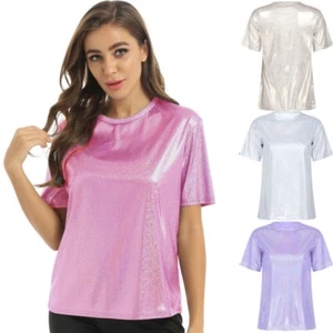 Women Glitter Shiny Metallic Short Sleeve T Shirt Tank Tops Holographic Blouse - Picture 1 of 87
