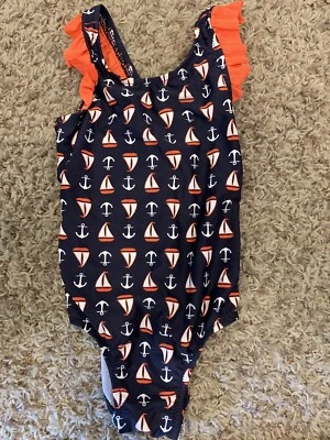 Traje de baño Osh Kosh B'Gosh azul blanco coral veleros náuticos anclas niñas 4T Foto 1 de 4
