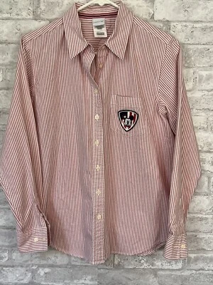 DISNEY Women's Button Long Sleeve Pink & White Shirt Mickey Mouse Patch Medium — 第 1/4 张图片
