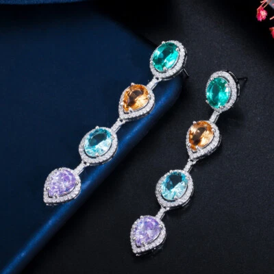 Yellow Gold Plated Cubic Zirconia Long Dangle Drop Ear Line Earrings Women Party - Image 1 of 4