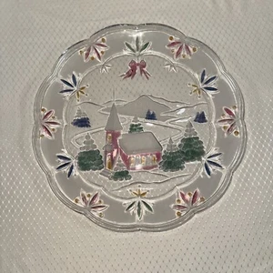 Christmas Winter Snow Church Tree Glass Crystal Plate Platter 14.5” Vtg - Picture 1 of 7