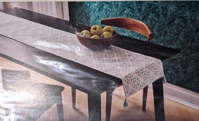 Threshold Extended Length Table Runner Blue White Tassels 14” X 108” - Image 1 of 2