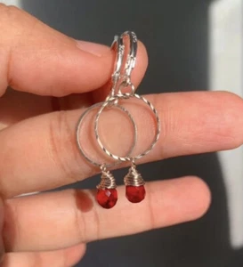 handmade red quartz teardrop 925 silver hoop earring - Picture 1 of 5