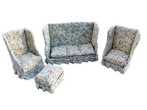 4PC Vintage Flower Dollhouse Couch Chairs Footstool Cottage Floral - Picture 1 of 8