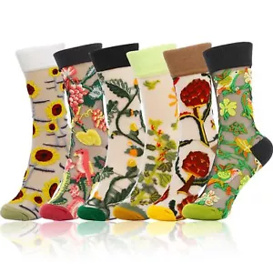 Women's Floral Sheer Socks Transparent Lace Mesh Summer Socks 6 Pairs - Picture 1 of 7