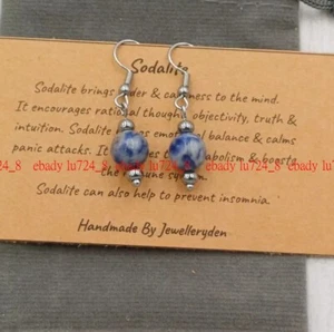 Charming Sodalite Crystal Healing Gemstone Chakra 8mm Dangle Drop Hook Earrings - Picture 1 of 11