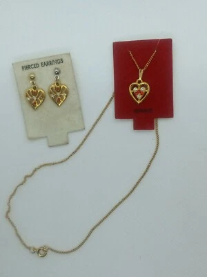 Vintage Gold Tone Heart Earrings and Necklace Gift Set Red and Wht Stones - Image 1 of 4