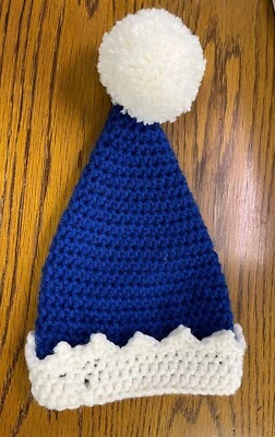 Crochet Holiday Baby Size  Santa Hat Handmade in Blue and white - Image 1 of 3