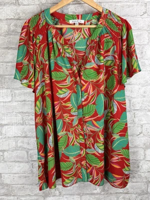 Top con botones rosa y oliva para mujer 3X rojo vibrante estampado floral tropical cuello en V Foto 1 de 4