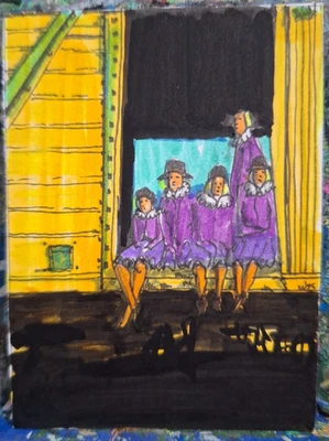 5 mujeres en un tren ACEO ATC ROBLE ORIGINAL 3,5 x 2,5 pulgadas Foto 1 de 4