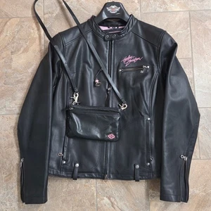 Harley Davidson Damen schwarze Lederjacke rosa Stickerei Biker XL Handtasche Glocke - Bild 1 von 22