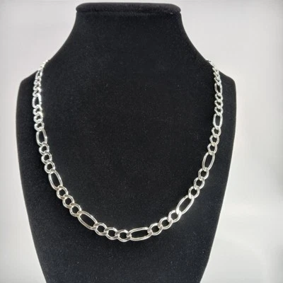 Mens Sterling Silver 925 Figaro Link Chain Necklace Italy 7mm Wide Size 22.5" - Image 1 of 4