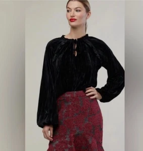 Rachel Parcell Crinkle Velvet Blouse Black Size M Long Sleeve Luxe Whimsygoth - Picture 1 of 10