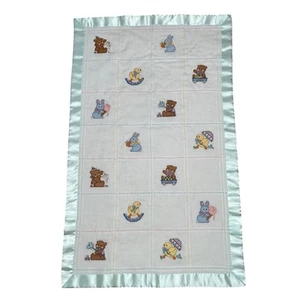 Vintage Handmade Blue Satin Trim Cross Stitch Animals Baby Blanket 27 X 44 Euc - Picture 1 of 6