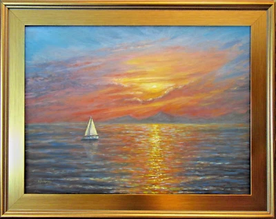 Pintura al óleo original océano puesta de sol paisaje marino enmarcado hecho a mano pared grande bellas artes Foto 1 de 4
