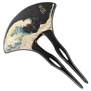 Japanischer Lack Geisha Kanzashi Kamm Kimono Haarnadel schwarz Urushi Welle Hokusai - Bild 1 von 4