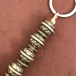 Vintage Greek Key Chain Gold Floral Beads Disks Silver Key Ring Handmade - Picture 1 of 8