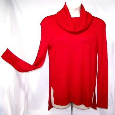 NEW $50 Tag DAISY FUENTES Red LG SWEATER Knit TOP Cowl Neck HIGH LOW Long Sleeve - Image 1 of 4