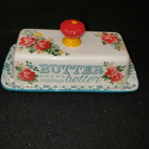 Pioneer Woman Butter Dish Stoneware 2018 Bright Lovely Flowers Aqua Reds - Picture 1 of 8