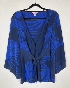 Monsoon 100% Silk Navy Bold Floral Print Kimono Style Top Tie Front UK 12 - Picture 1 of 8