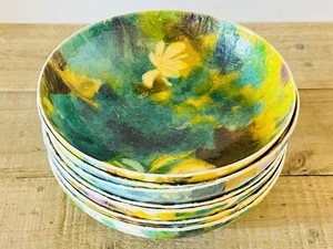 7 Vintage Traymold Fiberglas Schalen blau lila grün gelb Blumen MCM 6,5" - Bild 1 von 4