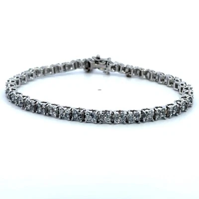 14K White Gold Round Natural Diamond Bracelet 7.5 Inches with Safety Chain - Image 1 of 4