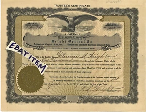 1927 stock certificate O. L. FLORENCE WRIGHT OPTICAL COMPANY St. Louis Missouri - Picture 1 of 1