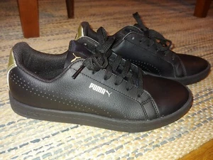 VGUC Youth Puma Smash Black Gold Leather Sneakers Shoes SoftFoam Sz 6.5 Women's - Picture 1 of 10