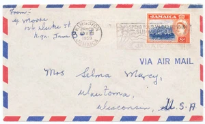 Cubierta de correo aéreo de Jamaica 1959 #167 Kingston a Wisconsin EE. UU. Cancelar eslogan - Imagen 1 de 2