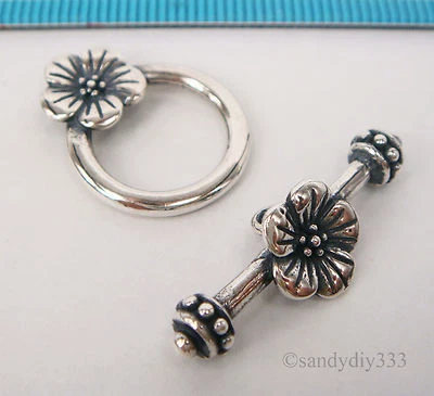 1x BALI STERLING SILVER FLOWER ROUND TOGGLE CLASP 16.5mm #498 - Image 1 of 2
