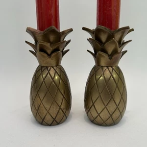 Pair Of Small Brass Pineapple Candle Sticks Holders Retro - Picture 1 of 8
