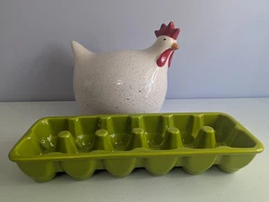 Keramik Eierkarton Halter Aufbewahrung Behälter grün fasst 1 Dutzend Bauernhof frische Eier - Bild 1 von 10