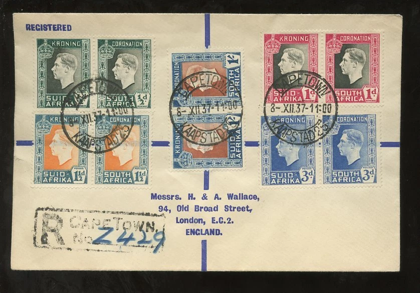 SUDÁFRICA 1937 CORONACIÓN KG6 SET EN PARES EN UNA PORTADA DE PRESENTACIÓN CIUDAD DEL CAPETO Foto 1 de 1