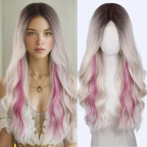 Esmee Long Wavy Blonde w\ Pink Highlights Party Use 26 inch Wig - Picture 1 of 5