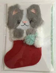 Christmas Card Hallmark Signature Fuzzy Kitten In Stocking Unused+env - Picture 1 of 3