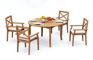 5-Piece Outdoor Teak Dining Set: 52" Round Table, 4 Stacking Arm Chairs Grand - Picture 1 of 5