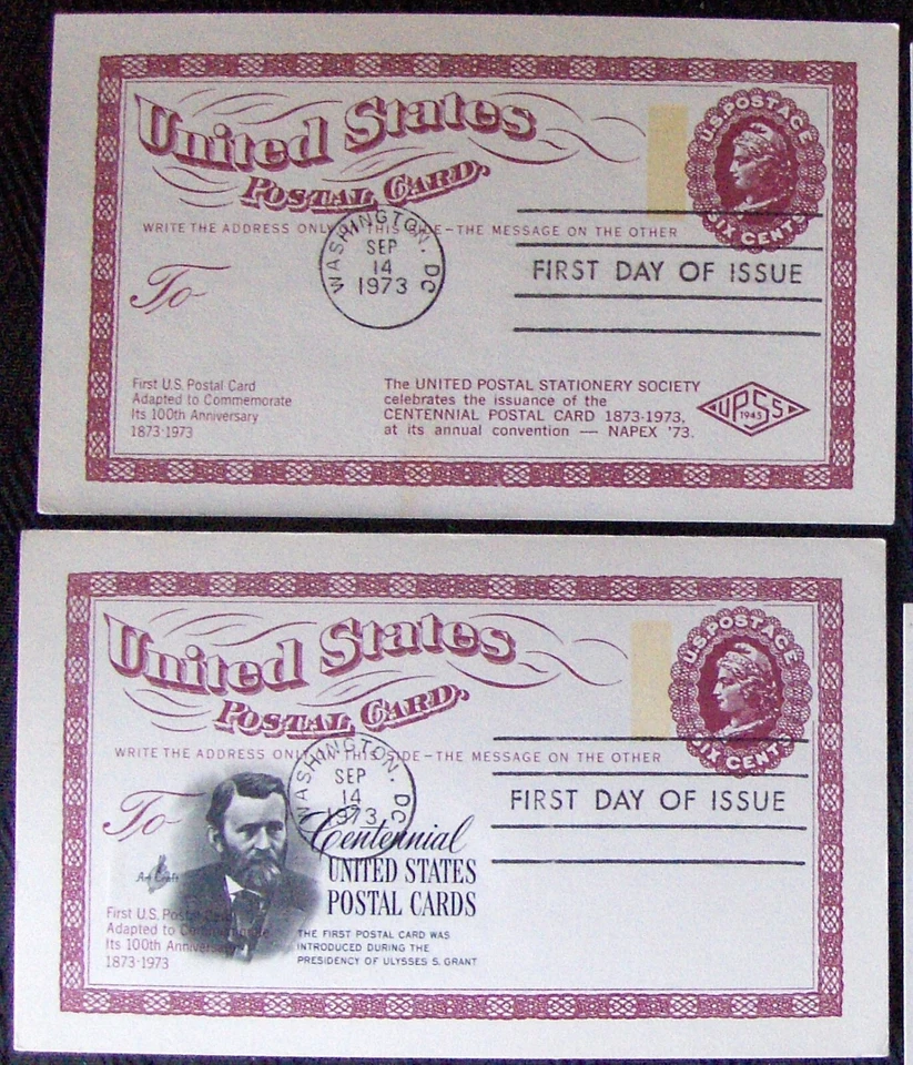 US, 2 FDC UX65 6c CENTENNIAL POSTAL CARDS 1973. - Image 1 of 1