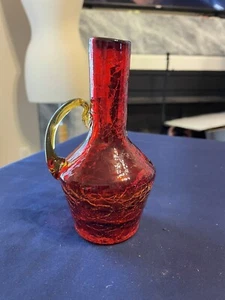 Vintage Red Crackle Glass Handblown 5" Glass Bottle, Creamer Cruet, Vase. B 6 - Picture 1 of 7