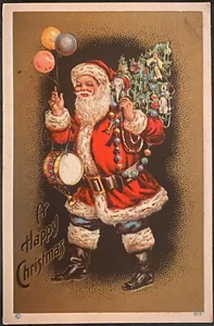 BABBO NATALE con PALLONCINI GIOCATTOLI E ALBERO DI NATALE SFONDO ORO-CARTOLINA NATALE - Foto 1 di 2