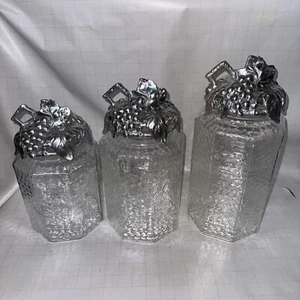 VINTAGE Arthur Court 2002 RETIRED 3 Canister Dimpled Glass Grapevine Lid Signed - Picture 1 of 22