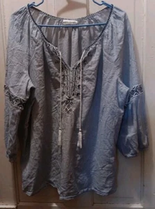Westport Peasant Tunic Top Woman Size XL Blue White Striped Tassel Embroidered - Picture 1 of 10