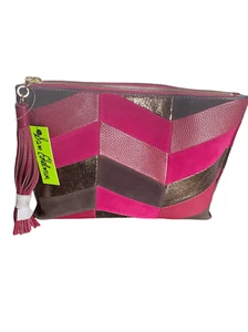 NWT Sam Edelman Chevron Suede Leather Patchwork Fringe Clutch Red/ Brown - Picture 1 of 15