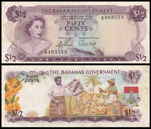 BAHAMAS - Queen Elizabeth II - FIFTY CENTS Banknote 1965 - P1 - Serial F 468604 - Picture 1 of 6