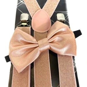 Suspender and Bow Tie Adults Men Rose Gold Glitter Set Formal Wear Combo Pink - Picture 1 of 4
