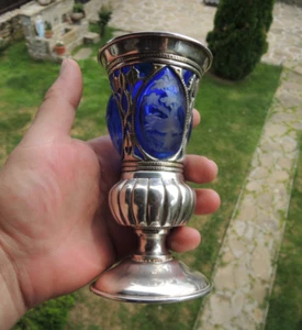 19. Biedermeier Ära Kobaltblau geschliffenes Glas Silberkelch Jagdszenen - Bild 1 von 24