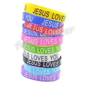 JESUS LOVES YOU Silicone Wristband Bracelet Rubber Letter Print Bangle Random - Picture 1 of 5