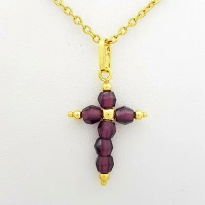 Ladies Pendant 18ct (750, 18K) Yellow Gold Amethyst Bead Cross Pendant - Picture 1 of 10