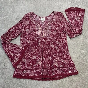 Knox Rose Womens Lace Trim Peasant Tunic Top S Maroon Paisley  Boho Hippie - Picture 1 of 12