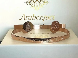 ARABESQUES BUDDHIST/BUDDHA OM MANI PADME HUM BANGLE/ROSE GOLD PLATED LADIES/MENS - Picture 1 of 4