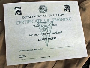C25 - Ausbildungszertifikat RECONDO, Ft. Bragg, North Carolina frühe Auszeichnung. - Bild 1 von 2